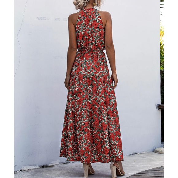 Red Green Floral Ruffle Hem Belted Halter Maxi Dress - Picture 2 of 8